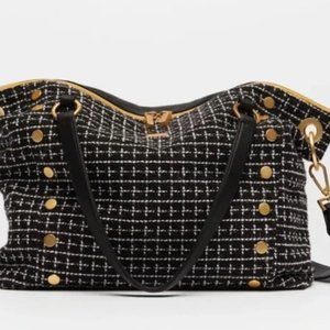 Used Hammitt Daniel Large Black & White Leather & Fabric Satchel Tote Crossbody